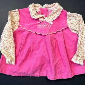 Vintage Montgomery Ward Pink Floral Corduroy Dress Size Small 0-6 Mths